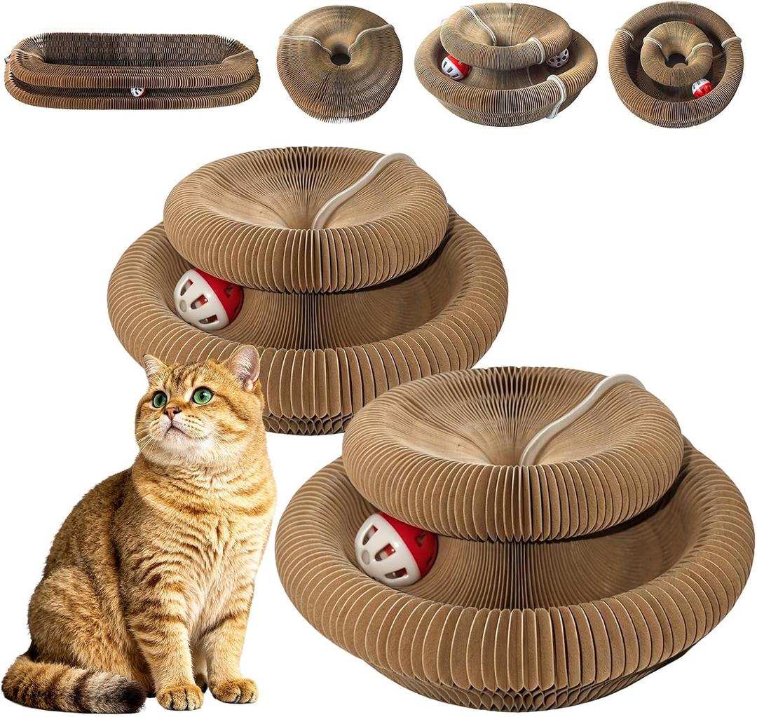 2 x 2-Pack Magic Organ Cat Toy | Kitty Curls Cat Toy | Reversible Cat Scratcher Pad with Bell Balls, Corrugated Cardboard Scratching Board for Indoor Cats, Furniture Protection