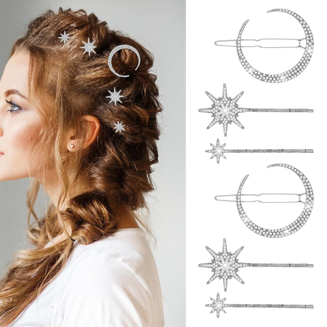 6 PCS Star Hair Pins Vintage Rhinestone Moon Star Hair Pin Celestial Hair Accessories Bobby Pins Crystal Hair Clip Metal Alloy Moon Bride Wedding Hair Pins for Women Girls