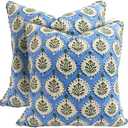 ATOSII Block Print Throw Pillow Covers, 18" X 18"- Set of 2, Decorative Couch Pillows for Living Room Bed Sofa, 100% Cotton Canvas Pillow Case for Home Decor & Outdoors, Preppy Throws - Kari Blue