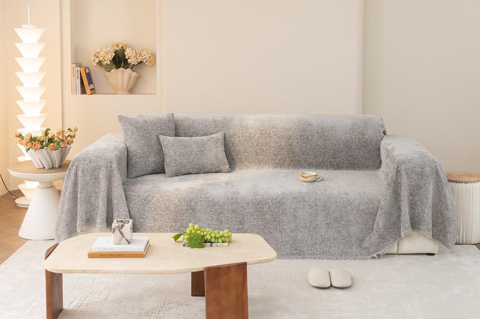 AMWAN Light Grey Large Chenille Sofa Cover Universal Durable Couch Cover for Dogs,Cats,Kids,Large Sofa Slipcover for Sectional L Shaped,3 Cushion Sofa,Furniture Protector Sofa Throw Cover, 71"x150"
