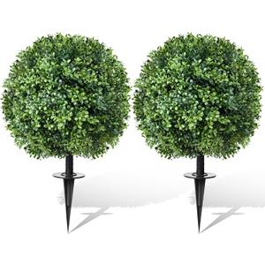 24" Artificial Topiary Boxwood Ball Tree with Ground Spike, Set of 2, UV Resistant Outside Fake Bushes Plants, Faux Cedar Balls Faux Shrubs Plastic Plants for Outdoor Indoor Front Porch Garden Decor