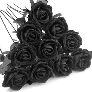 10 PCS Artificial Roses with Long Stems Silk Flowers Realistic Foam Flowers Fake Roses for Valentine's Day Home Wedding Halloween Decor(All Black)