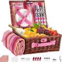 YPshuye Picnic Basket Set for 4 with Waterproof Blanket Mat Insulation Bag Wicker Pink Stripe Classic Fresh Gift for Christmas Thanksgiving Wedding Birthday Camp Outdoor Beach Travel