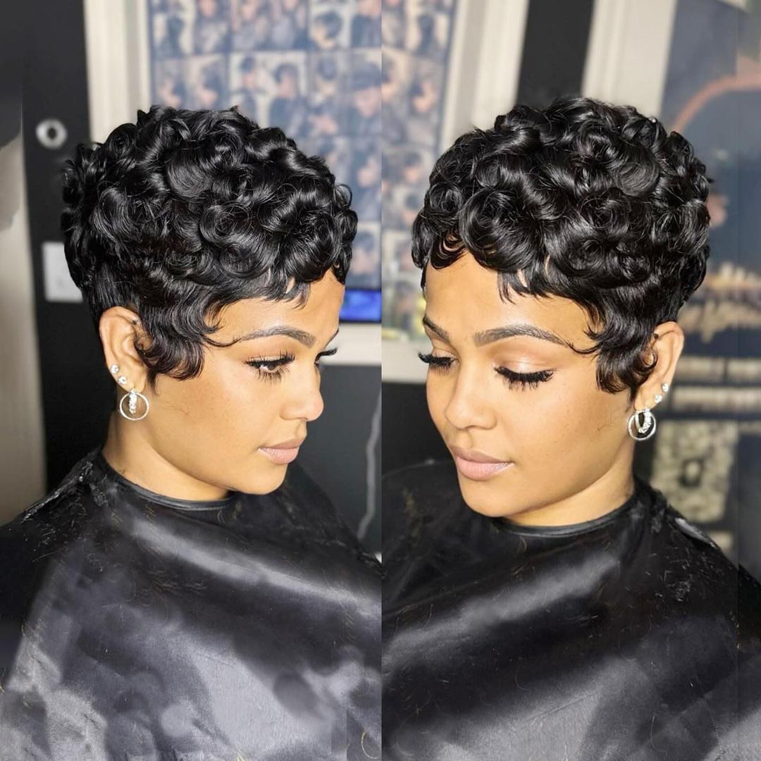 VRZ Short Pixie wigs for Black Women Pixie Cut Curly Human Hair Wig for Black Women Glueless Short Layered Pixie Cut Wigs With Bangs Natural Black Color for Daily Use (U49#NK Color)