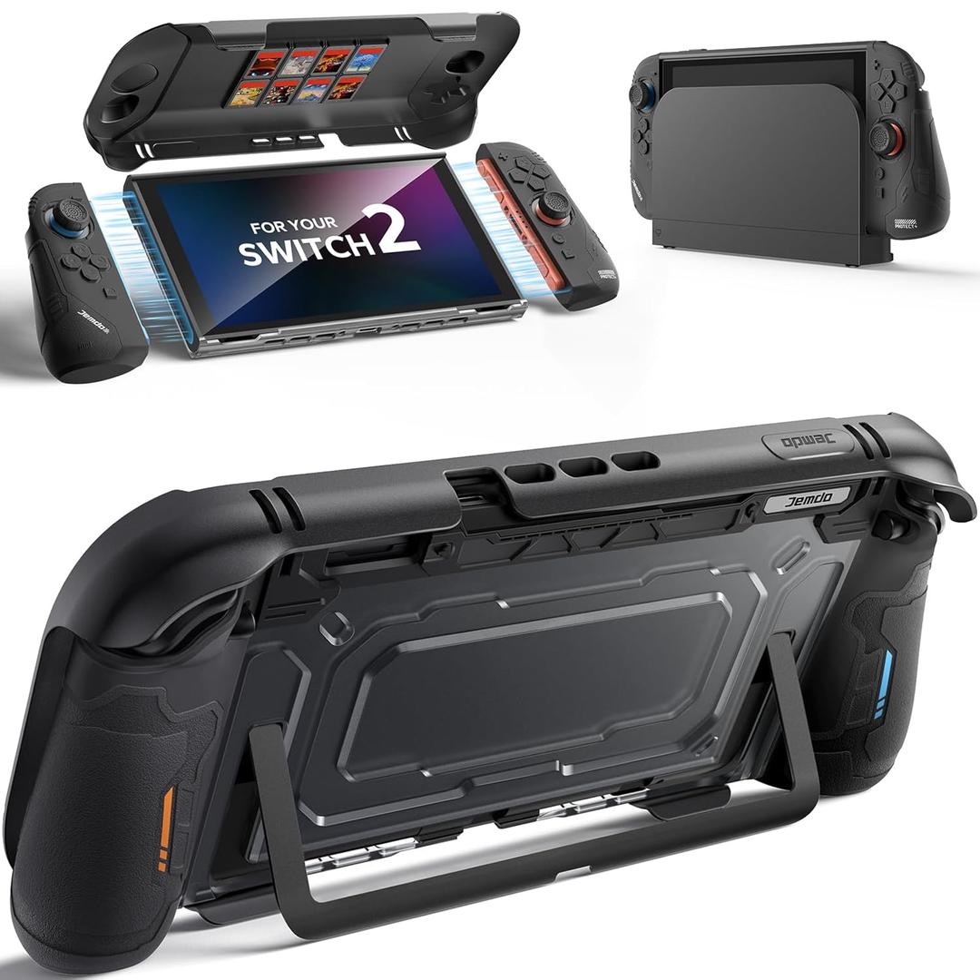 JEMDO Case Compatible with Nintendo Switch 2, Split Dockable Protective Case with Front Cover, 8 Game Card Slots, Ergonomic Thick Silicone Joycon Grips, Shockproof Hard PC Shell,Kickstand Ready,Black