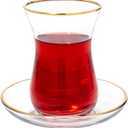 Vikko Turkish Tea Glasses & Saucers, Set, 6 Cups and 6 Plates, 5.5 Oz Tea Cups, Turkish Glass Tea Set For Six, Clear Glass Tea Cups And Saucers, Gold Accented
