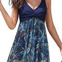 SHEKINI Womens V Neck One Piece Swimsuit Net Yarn Modest Tummy Control Skirtini Swimdress Bathing Suits, Blue, XL