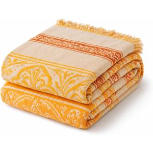 100% Cotton Boho Throw Blanket for Home Decor Classic Farmhouse Quilt Bedding, Muslin Blankets for Adults, Vintage Woven Decorative Blanket for Couch, Bed Layering Use, Bohemian Stripe, 90"x90"