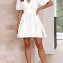 BWQ Women Mini Dress Short Puff Sleeve Sexy V Neck Dress A-line Elastic High Waisted Casual Flowy Summer Dresses (White)