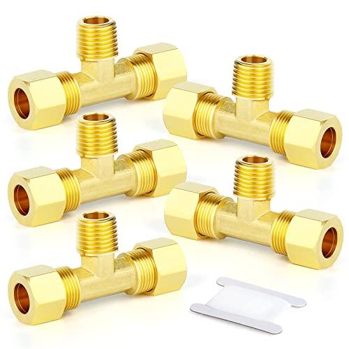 GASHER 5PCS Brass Compression Tube Tee Pipe Fitting Connector，3/8" OD x 1/4" NPT x 3/8" OD Male Branch Tee