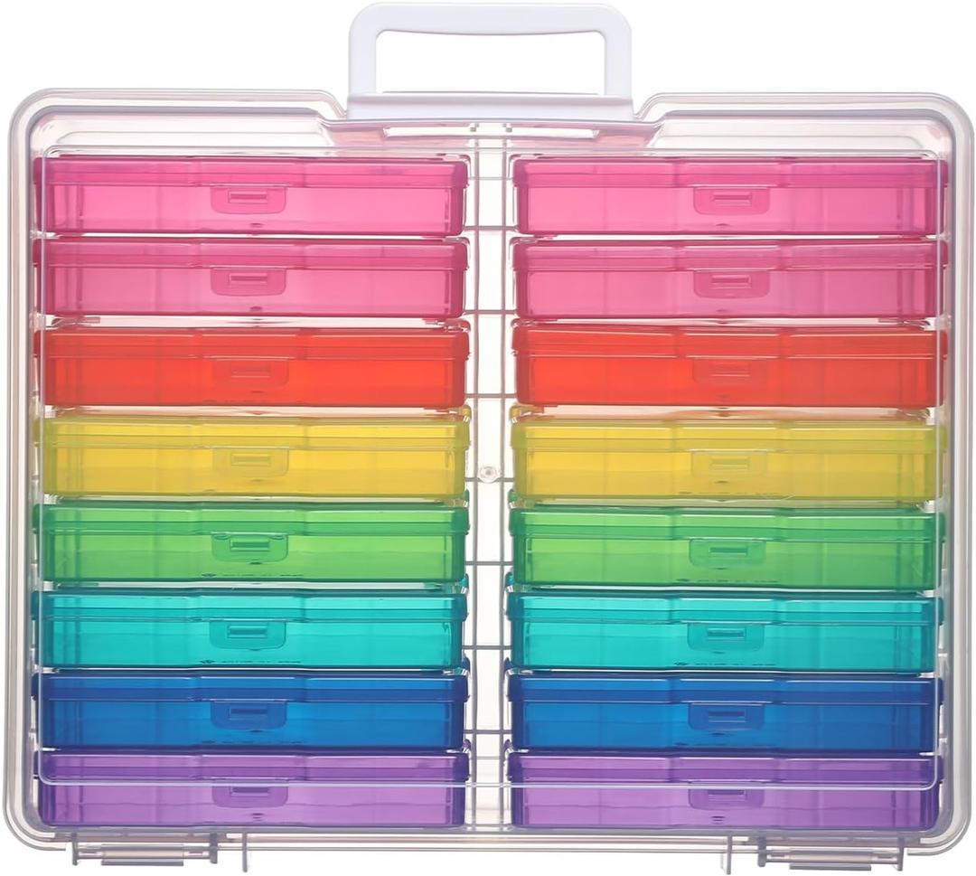 PCA Photo Storage Box 4" x 6" Cases With Handle - 16 Inner Keeper, Large Organizer, Plastic Craft Case for Stickers, Stamps, Jigsaw, Vegetable Seeds (multicolored)