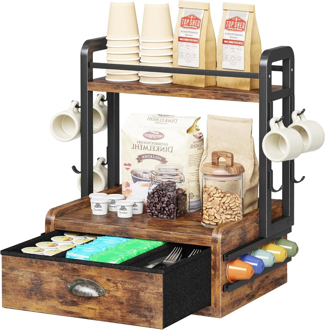 Homeiju Coffee Station Organizer, 40 Coffee Pods Storage & 8 Mug Hooks,Nespresso Pods Holder, Space-Saving Countertop Storage, Rustic Brown