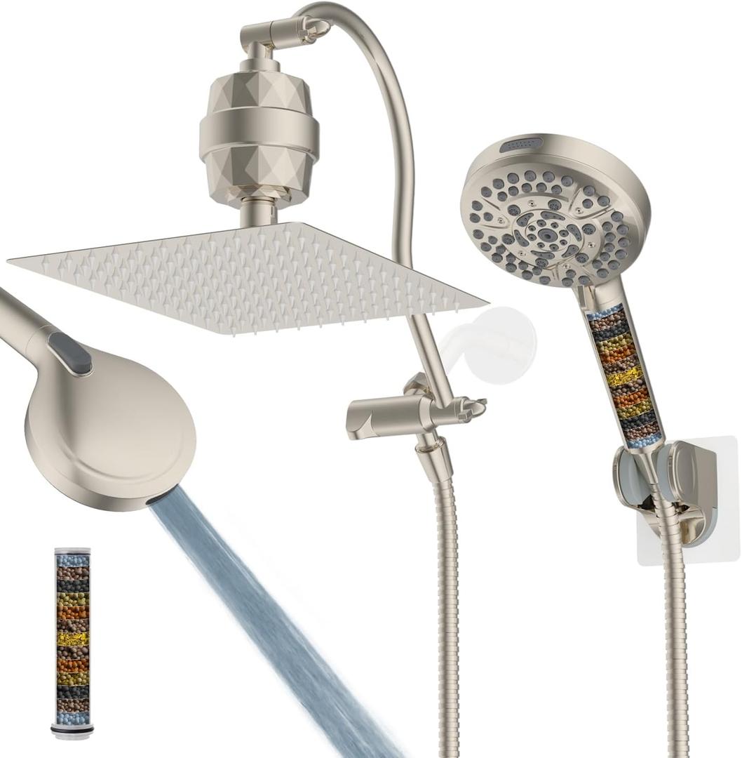 Hibbent All Metal 12'' Filtered Rainfall Shower Head Combo, High Pressure Handheld Shower Head with 12'' Adjustable Curved Extension Arm, 20 Stage Shower Filter, 10-spray, 71'' Hose, Brushed Nickel