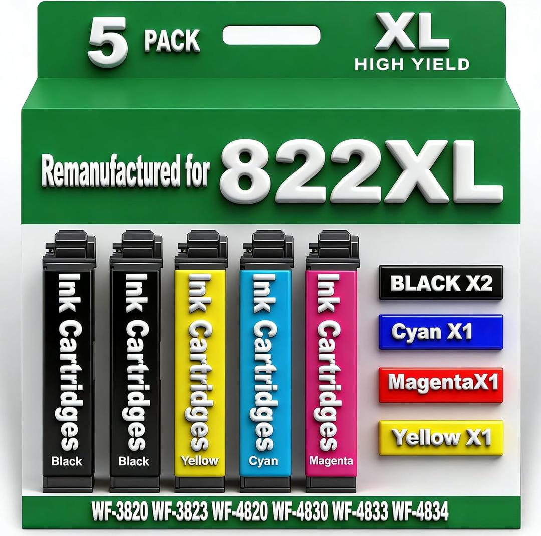 for 822XL Remanufactured for Epson 822XL Ink cartridges Combo Pack for 822 T822 XL for Workforce Pro WF-3820 WF-3823 WF-4820 WF-4830 WF-4833 WF-4834 5 Pack 2 Black 1 Cyan 1 Magenta 1 Yellow