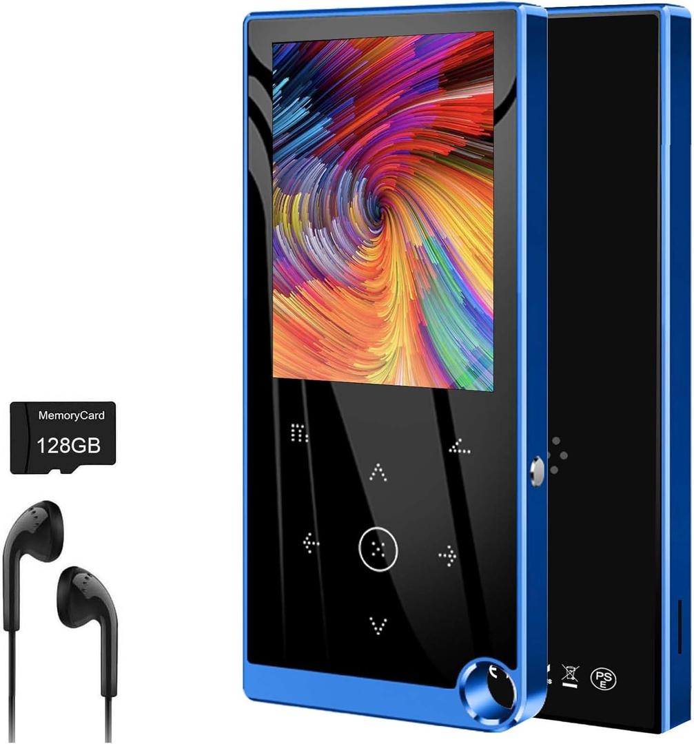 136GB MP3 Player with Bluetooth 5.2, Mini Blue Music Player with 2.4" Large Screen Built-in Speaker, FM Radio, Voice Recorder, HiFi Sound, E-Book Function, Earphones Included