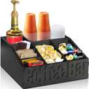 Coffee Bar Organizer for Accessories, Wood Station for Countertop, Farmhouse Pod Syrup Holder, Condiment Organizer for Decor (Black)