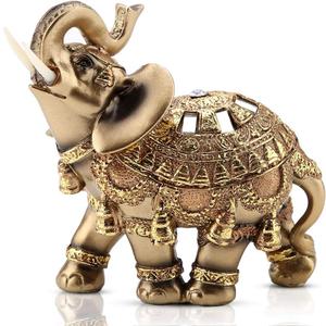 Golden Elephant Statue 5.5 Feng Shui, Thai Elephant with Trunk Upwards Collectible Figurine Sculpture Decoration, Wealth Home Office Decor Gift