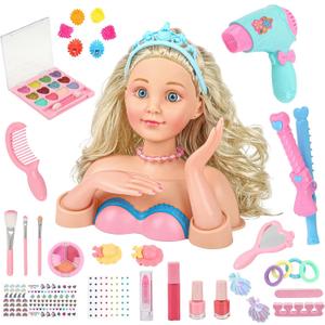 Hair Styling Doll Head Makeup Kit Girls Toys,Pretend Play Hair Salon Toy With Real Cosmetics Nail Polish,Hairdryer Curling Iron Hair Accessories Beauty Stylist Kit Girl Gifts 3 4 5 6+ Years Old