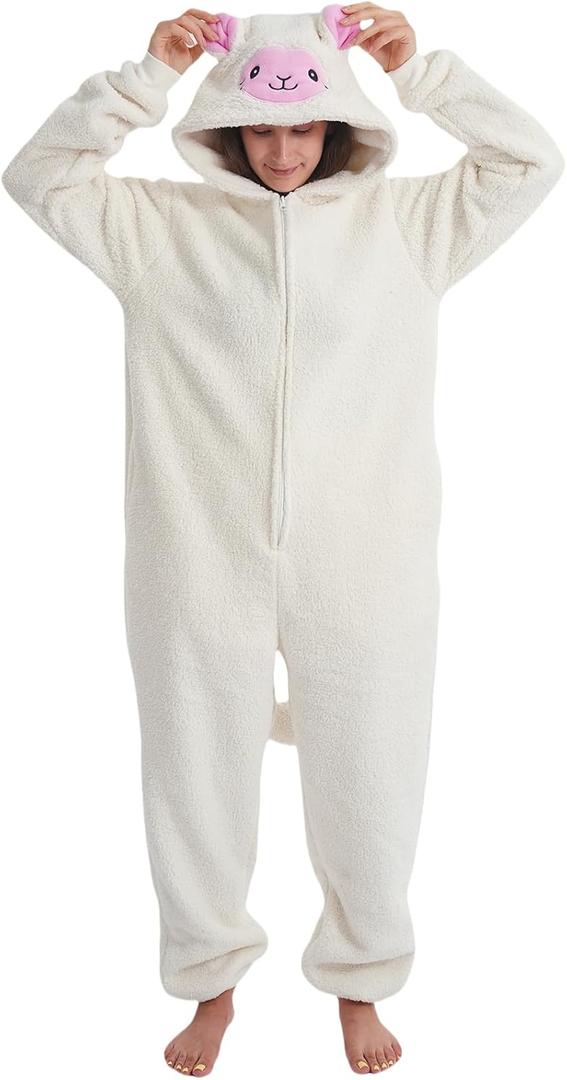 UiopSo Unisex Adult Sheep Onesie Pajamas, Flannel Hooded Sleepwear Halloween Costumes Animal Cosplay Homewear (X-Large, Sheep)