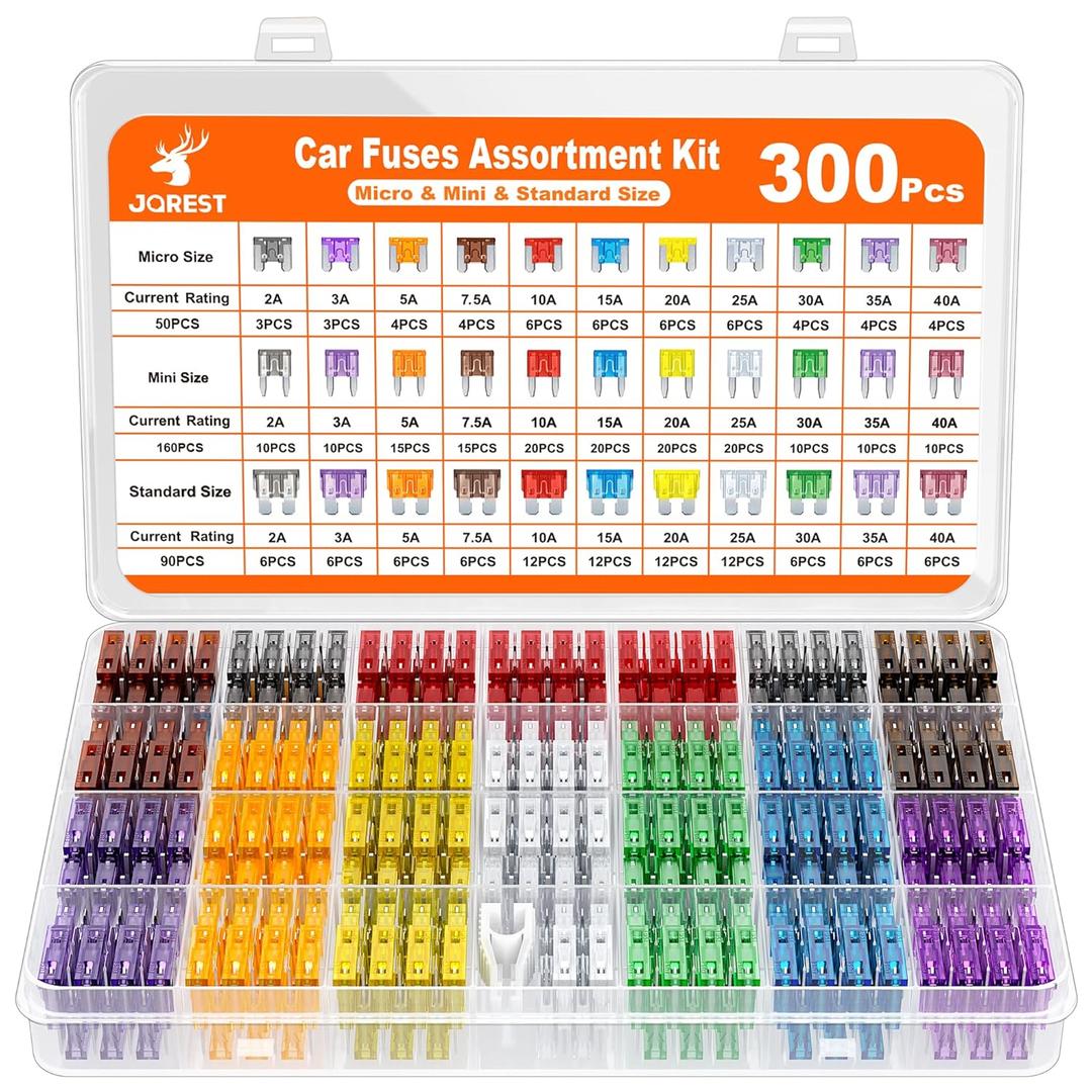 JOREST 300Pcs Car Fuse Assortment Kit, 160 Mini Blade Fuses Automotive + 90 Standard Auto Fuses + 50 Micro + 1 Puller  for RV Camper Boat Accessories (2Amp 3A 5A 7.5A 10A 15A 20A 25A 30A 35A 40A)