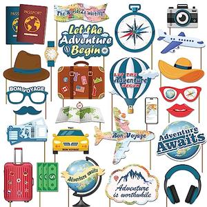 Biswiter Adventure Awaits Party Decorations Photo Booth Props, 26 Pcs Let The Adventure Begin Decorations Photo Props, Bon Voyage Around The World Decorations Photo Props for Travel Decorations