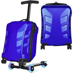 Scooter Suitcase for Kids & Adults，3-D Hardshell Ride On Scooter Luggage with Led Light Up Wheels，TSA Lock，Lightweight Foldable Carry On Rideable Suitcase for Children Teenagers (Blue, 21-inch)