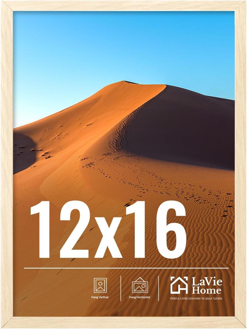 LaVie Home 12x16 Picture Frame for Wall Display, 12x16 Oak Picture Frame with HD Plexiglas, 12 x 16 Poster Frame 1 Pack, Display Frame for Vertical or Horizontal, Classic Collection
