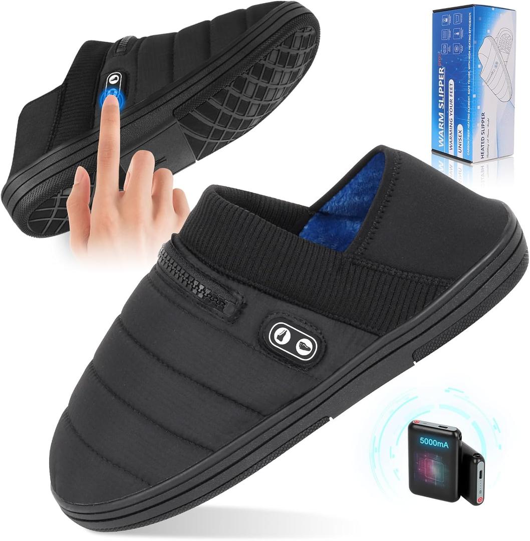 Heated Slippers, BIAL Unisex Electric Heating Pad for Feet, Rechargeable Battery Shoes Cordless Heat Foot Warmer Feet Warmer Winter Slippers Cold Weather Slippers for Men Women, Black + Aqua Blue