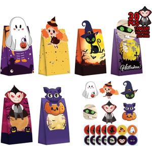 Heitu 30Pcs Halloween Treat Bags - Trick or Treat Goody Gags, 30 Stickers, Party Supplies