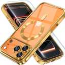 Misea Magnetic for iPhone 17 Pro Max Case Compatible with MagSafe [Never Yellowing] [Military Grade Drop Protection] Full Camera Lens Protector Plating Soft Clear Phone Case for Women, Gold