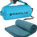 PAVILIA Travel Blanket Airplane Compact with Bag, Soft Packable Plane Blanket Kids Adults, Portable Camping Flight Essentials, Travelers Gifts Accessories, Luggage Backpack Strap, 65x40 Teal Blue