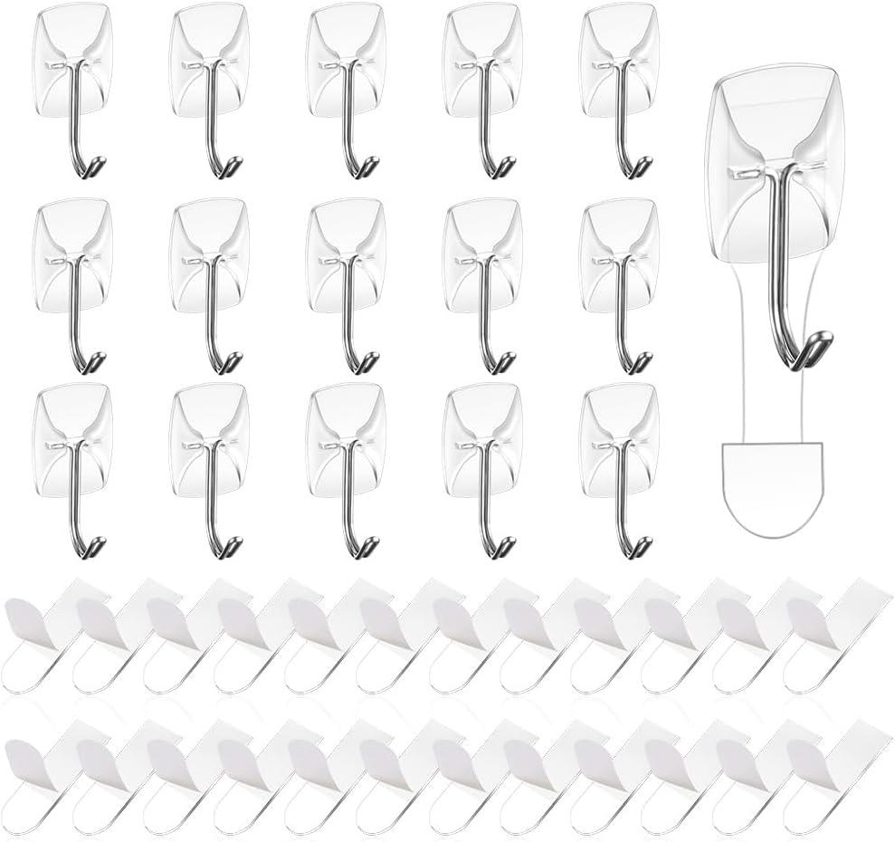 Ainiv Wire Toggle Hook, 16 Small Clear Hanging Hooks with 24 Adhesive Strips, Damage-Free Utility Sticky Hooks, No Tools Wall Hangers Heavy Duty for Bathroom Kitchen Office Organizers