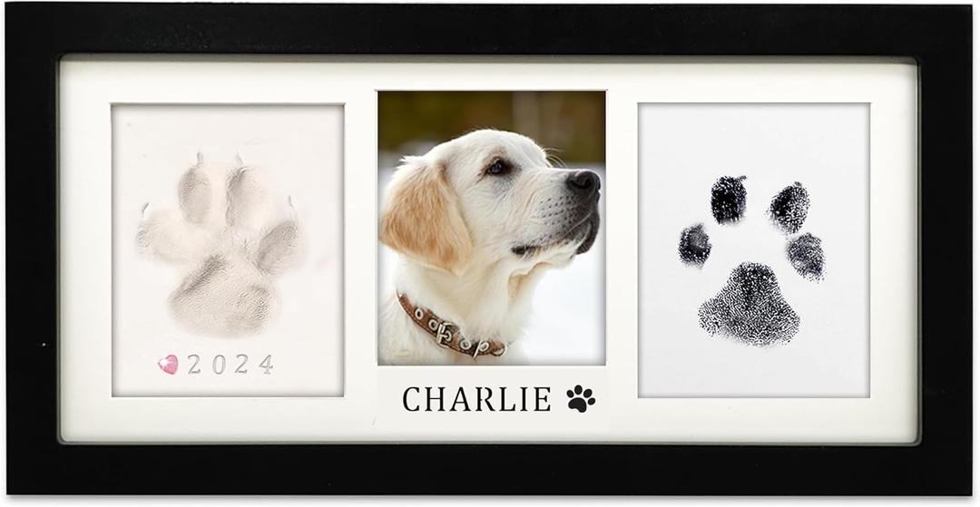 MYPAWLETS Paw Print Frame Kit, Dog/ Cat Paw Print Kit, Soft Pawprint Clay&Clean Touch Ink Pad, Pet Paw Print Impression Kit with Customization Tool, Wooden Pet Memorial Frame, DIY Dog Lover Gifts-Black