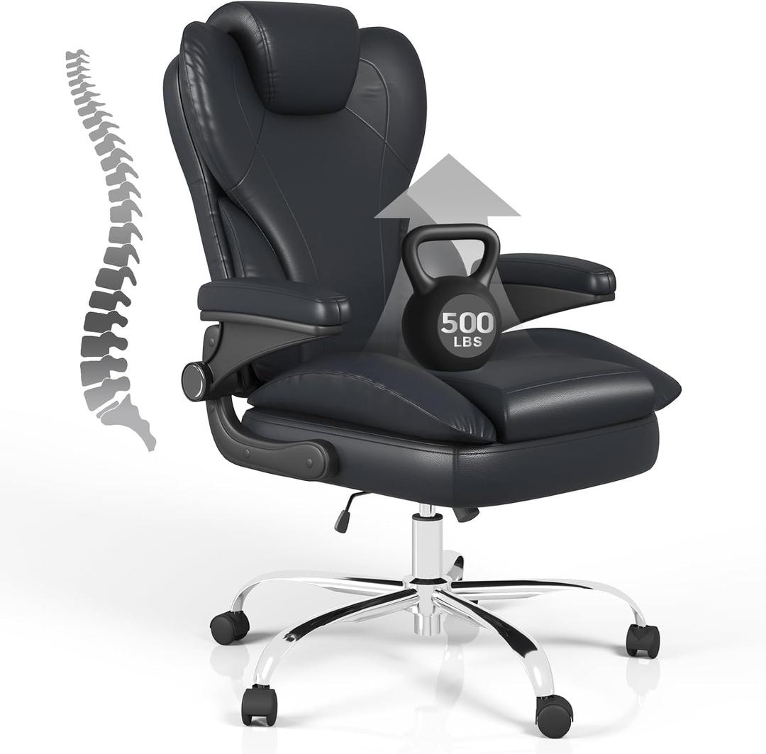 Office Desk Chair, Executive Leather Office Chair, High Back Ergonomic Home Desk Chair with Padded Flip-up Arms, Big and Tall Computer Chair with Rocking Function, 360Swivel Free, Black