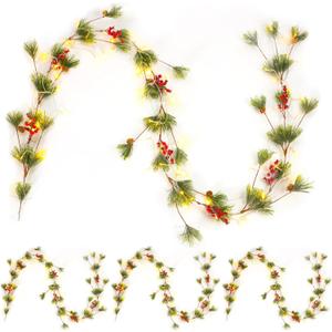 4 Pcs 9 Ft Prelit Christmas Garland with 50 LED Lights Artificial Christmas Garland with Berries Pine Cones, Battery Powered for Mantle Stairs Fireplace Home Decor(Stylish Style)
