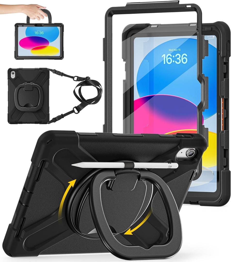 BATYUE Case for iPad (A16) 11th/10th Gen 11''/10.9'' 2025/2022 - Heavy Duty Shockproof Cover with 360° Rotating & 180° Folding Stand, Screen Protector, Shoulder Strap & Pencil Holder | Black