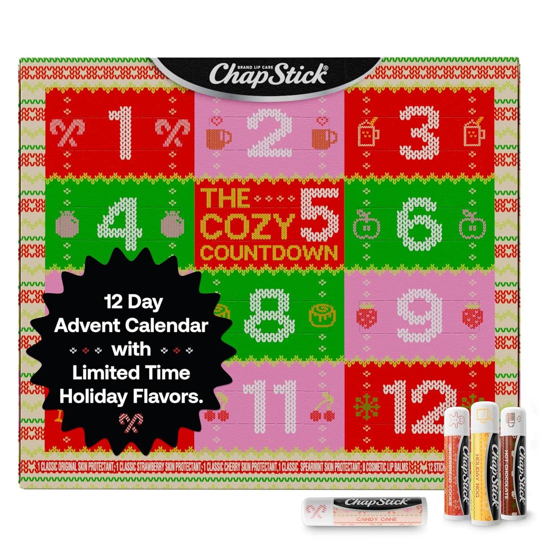 ChapStick Advent Calendar 2025  Cozy Countdown to Christmas, Variety 12-Pack Lip Balm Gift Set, Holiday Gifts for Women, Men, Teens, Coworkers, Grandpa & Grandma Gifts, 0.15 Oz Ea