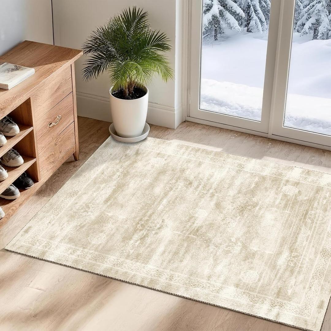 2x3 Small Area Rug for Front Door, Indoor Entrance, Washable Low-Pile Non-Slip Carpet, Durable Rug for Bathroom, Bedroom, Bedside, Kitchen, Beige