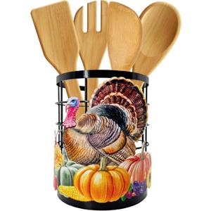 Thanksgiving Turkey Utensil Holder, Thanksgiving Turkey Pumpkin Kitchen Decor Utensil Organizer for Countertop, Fall Metal Cooking Tools Farmhouse Counter Decor, Kitchen Gifts Utensil Caddy Harvest