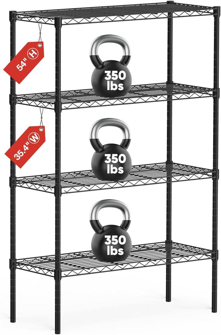Sweetcrispy 4-Tier Storage Shelving Unit, Adjustable Metal Wire Racks Heavy Duty Standing Shelf Organizer for Kitchen, Closet, Pantry, Garage, Bathroom, Laundry (13.8" D x 35.4" W x 54" H) (4-Tier, Black)