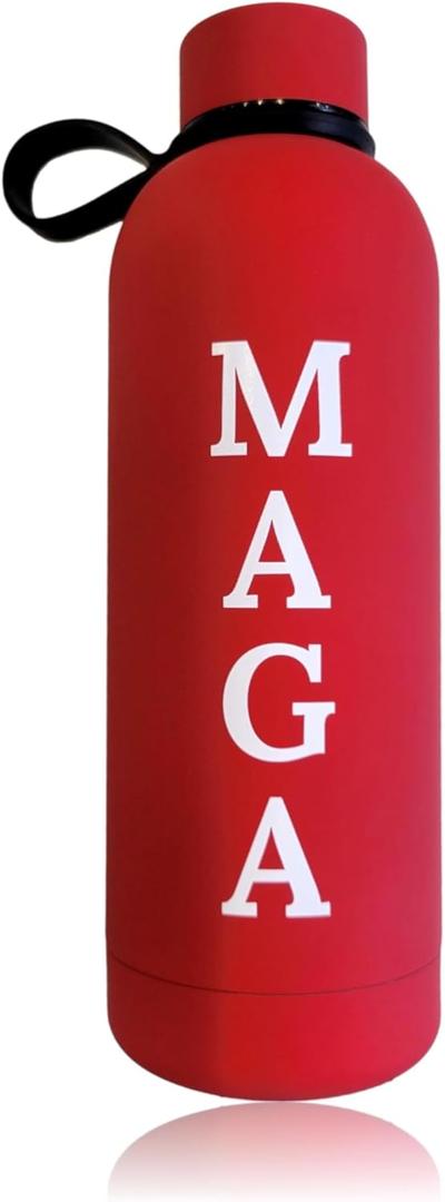 Trump MAGA 2024 Double Wall Insulated Vacuum Water Bottle W/Strap, 17oz/500ml, Stainless Steel Soft Rubber Pastel Surface, BPA Free, Keeps Hot & Cold, Leak Proof For Office,School, Travel (Red)