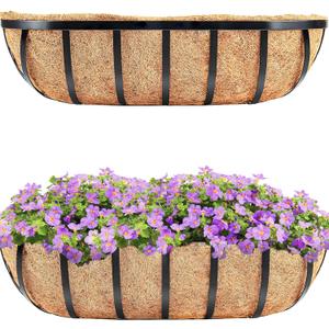 HFHOME 2 Pcs 24" Window Box Deck Railing Planter with Horse Trough Coco Liners, Black Metal Hanging Flower Planters Baskets for Indoor, Outdoor, Balcony, Porch, Fence, Patio, and Lawn