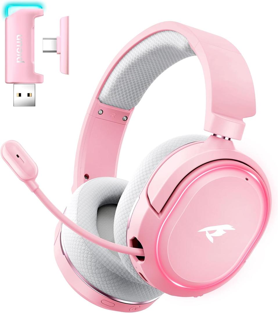 Wireless Gaming Headset, 7.1 Surround Sound, 2.4GHz USB Gaming Headphones with Bluetooth 5.4, 100H Battery, ENC Noise Canceling Mic, RGB Light, Wireless Headset for PC PS5 PS4 Mac Switch (Gray-Pink)