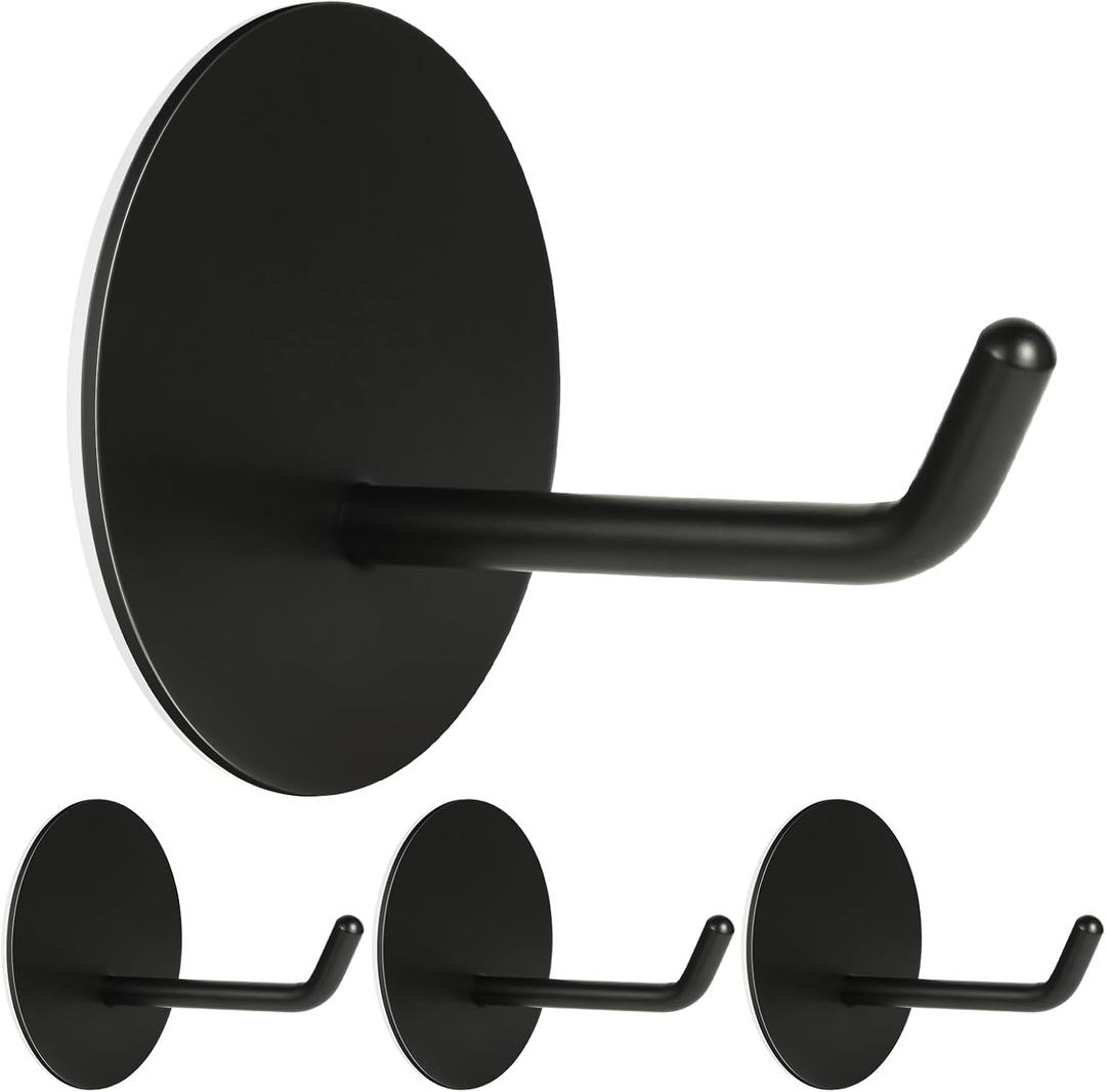 Adhesive Hooks Heavy Duty, Hold 20 Lbs, Extra Large Long Self Stick on Hanger, Wide Sticky Round Decorate Hooks, for Hanging,Clock,Clothing,Headphone,Robe,4Packs(Black)