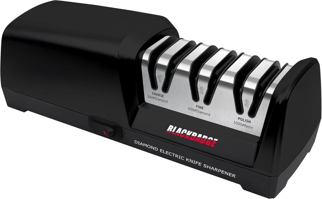 BLACKBADGE Electric Knife Sharpener, Professional 3-Stages Knife Sharpeners with Diamond Abrasives for 15-Degree Straight Edge, Quickly Sharpening, Repair/Restore/Polish Blades