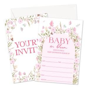 Baby Shower Invitations, Pink Floral Invitations For Gender Reveal, Baby Announcement, Butterfly Themed Fill-In Invites With Envelopes For Girls, Party Favor Supplies (25 Pcs) -01