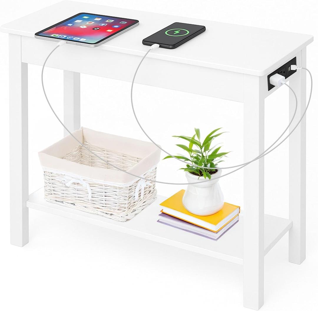 Narrow Side Table with Charging Station - Small End Table with 2 USB Ports, 2 Power Outlets, and Storage Shelf - Slim Nightstand for Living Room, Bedroom, or Small Spaces by Lavish Home (White), 23.62” X 11.02” X 22.05”