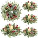 4Pcs Flocked Christmas Candle Rings Mini Christmas Wreaths, 10"x3.5" Perfect PE Small Christmas Wreath Snowy Pinecone&Red Berry Cedar Eucalyptus Cypress Wreath Candle Holders Table Centerpiece Decor