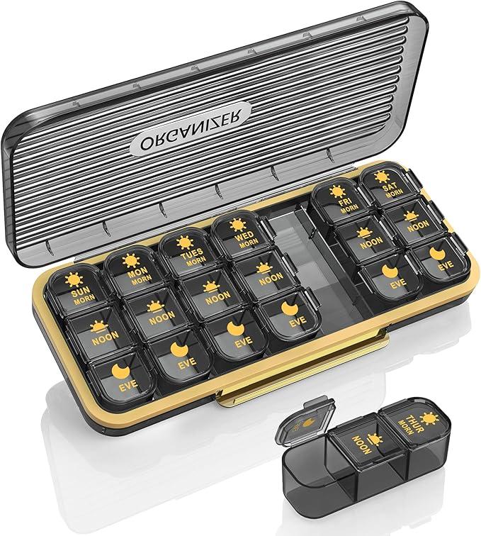 Pill Organizer 3 Times A Day, 7 Day Pill Box 3 Times A Day - Acedada Weekly Vitamin Box Organizer with 7 Separate Containers, Portable Daily Medicine Planner Case for Vitamin Fish Oil Supplement, Black Grey
