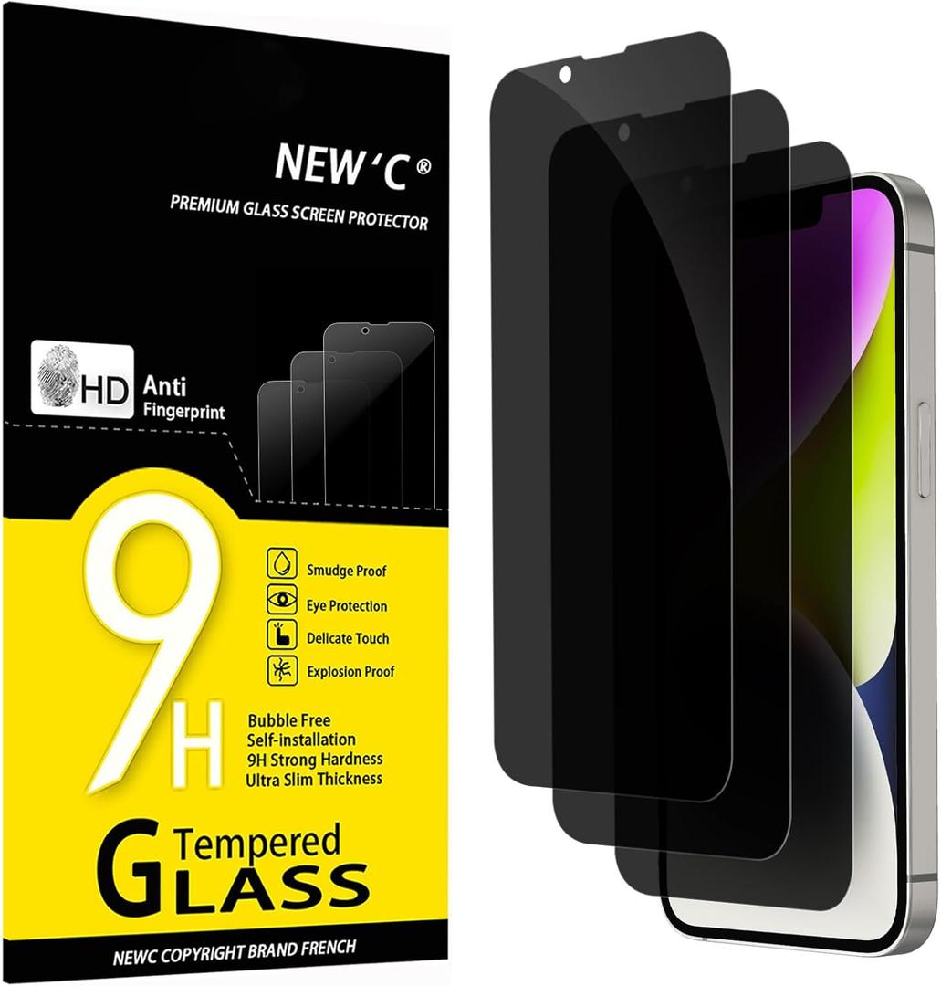 NEW'C 3 Pack Privacy for iPhone 14, iPhone 13, iPhone 13 Pro Screen Protector (6.1 inches), Enhanced 28-Degree Privacy Angle, Ultra Durable 9H Hardness, Bubble-Free